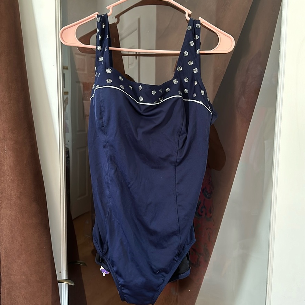 Swimsuit, Roxanne bra, size 42D/size 18 navy blue, decorative top, high back